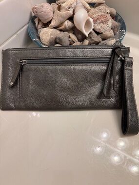 Silver Metallic Leather Wristlet Clutch - Front Zip Pocket